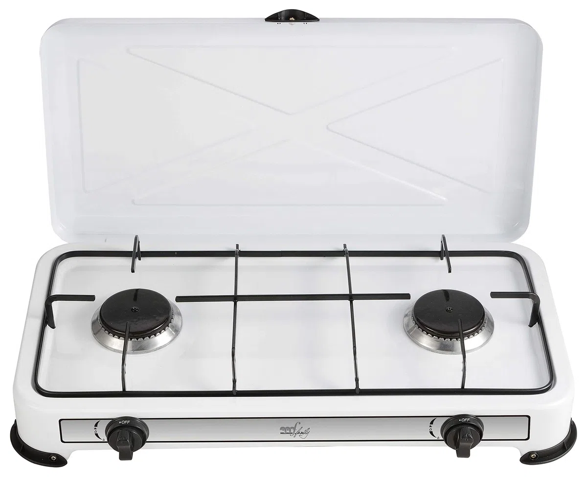 Melchioni Family | Fornello a Gas da Campeggio MINERVA 2 con 2 Fuochi, Fornelletto GPL Portatile con Coperchio, Griglia e Fuochi Removibili, Bianco
