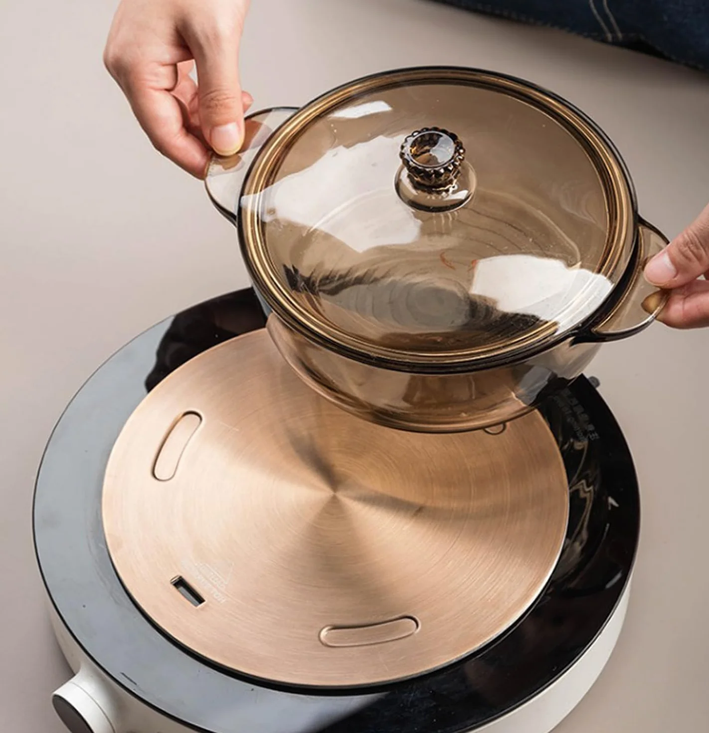 Grouarty Piastra di distribuzione del calore 24 cm, in acciaio inox, adattatore a induzione, piastra per cottura a gas elettrico, piano cottura a induzione, piastra convertitore con manico