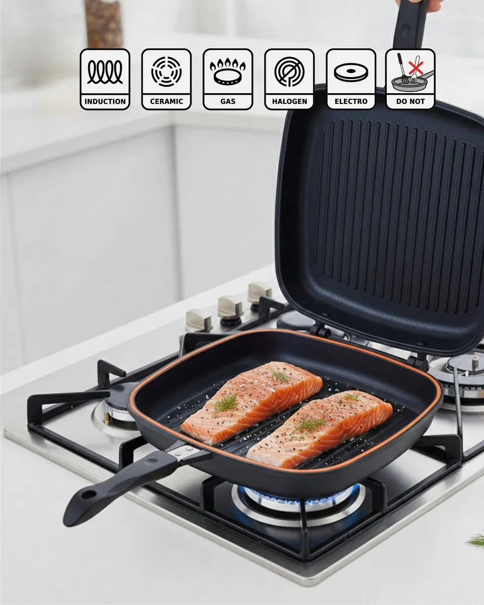 GGS Solingen Padella per griglia double face 38 x 25,5 cm – Made in Germany | Teglia reversibile in alluminio pressofuso | Padella per pesce per induzione, gas, ceramica | Rivestimento