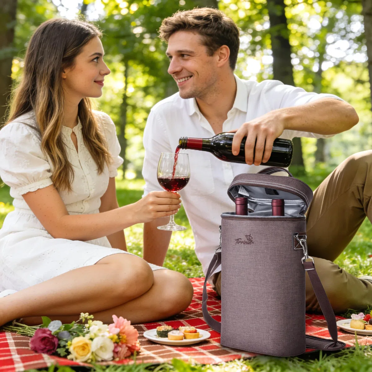 Kato Tirrinia Borsa termica isolata per 2 bottiglie refrigeranti in viaggio per vino e birra, borsa per bevande con manico e tracolla, regalo per gli amanti del vino per feste di picnic