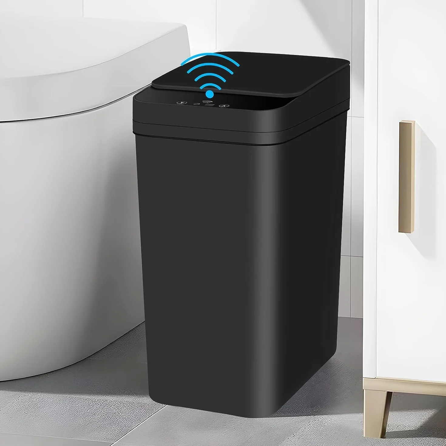 Cestino con Sensore di Movimento, 12L Bidone Automatico per Bagno, Slim in Plastica con Coperchio, Cestino Intelligente Nero Impermeabile per Camera da Letto Bagno Toilette Cucina Ufficio