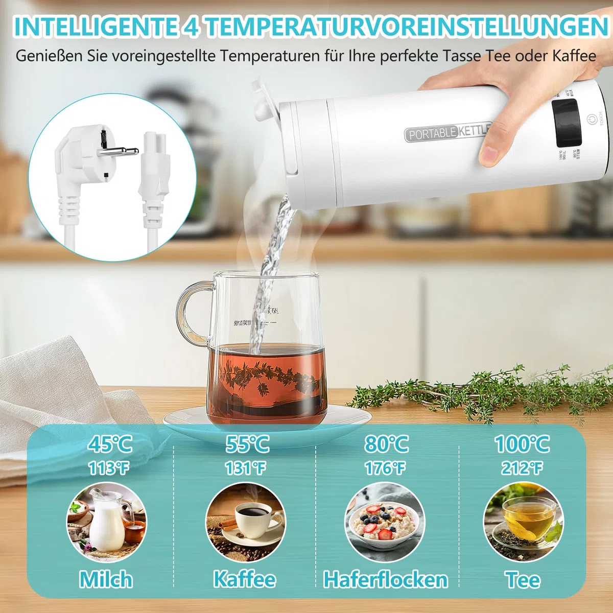 Bollitore Elettrico da Viaggio,450 ml Mini Bollitore Portatile,Tazza D'acqua in Acciaio Inox 316 con Regolazione Della Temperatura,Spegnimento Automatico per Latte per Bambini,Tè, Caffè,Campeggio
