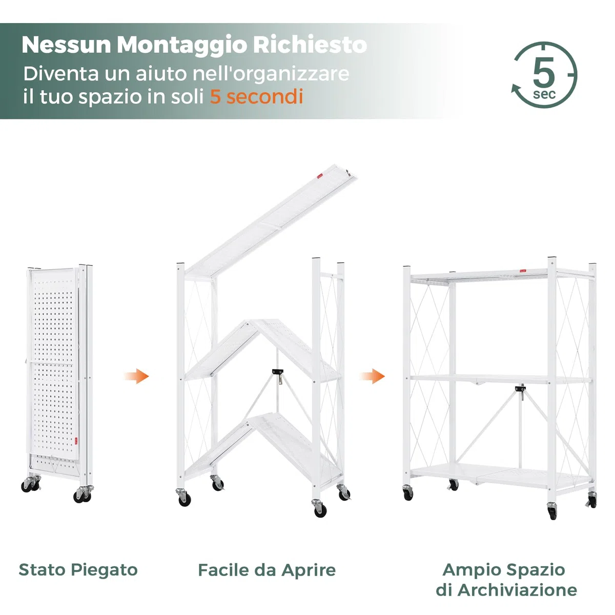 DEANIC Scaffali pieghevoli in metallo, a 3 ripiani, 61 x 85 x 28 cm, mensole angolari da cucina su ruote, mensole per dispensa, libreria per soggiorno, colore: bianco