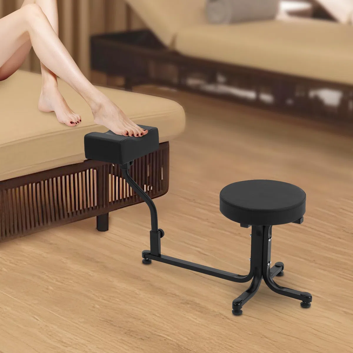 Sgabello per pedicure con poggiapiedi, carico fino a 100 kg, per saloni di unghie e uso domestico, con cuscino in poliuretano e base antiscivolo (nero)