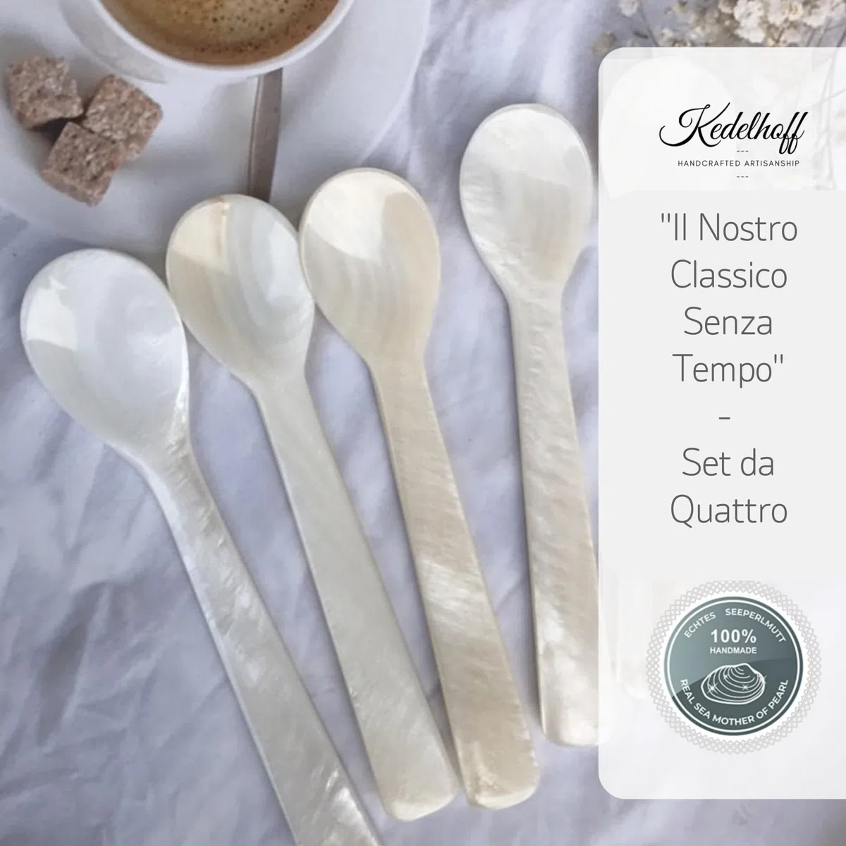 Cucchiaio in Vera Madreperla, Con Caviale, Realizzato a Mano, Cucchiaio per Uovo, Madreperla (Naturale), Circa 12 cm, Set da 4 Pezzi