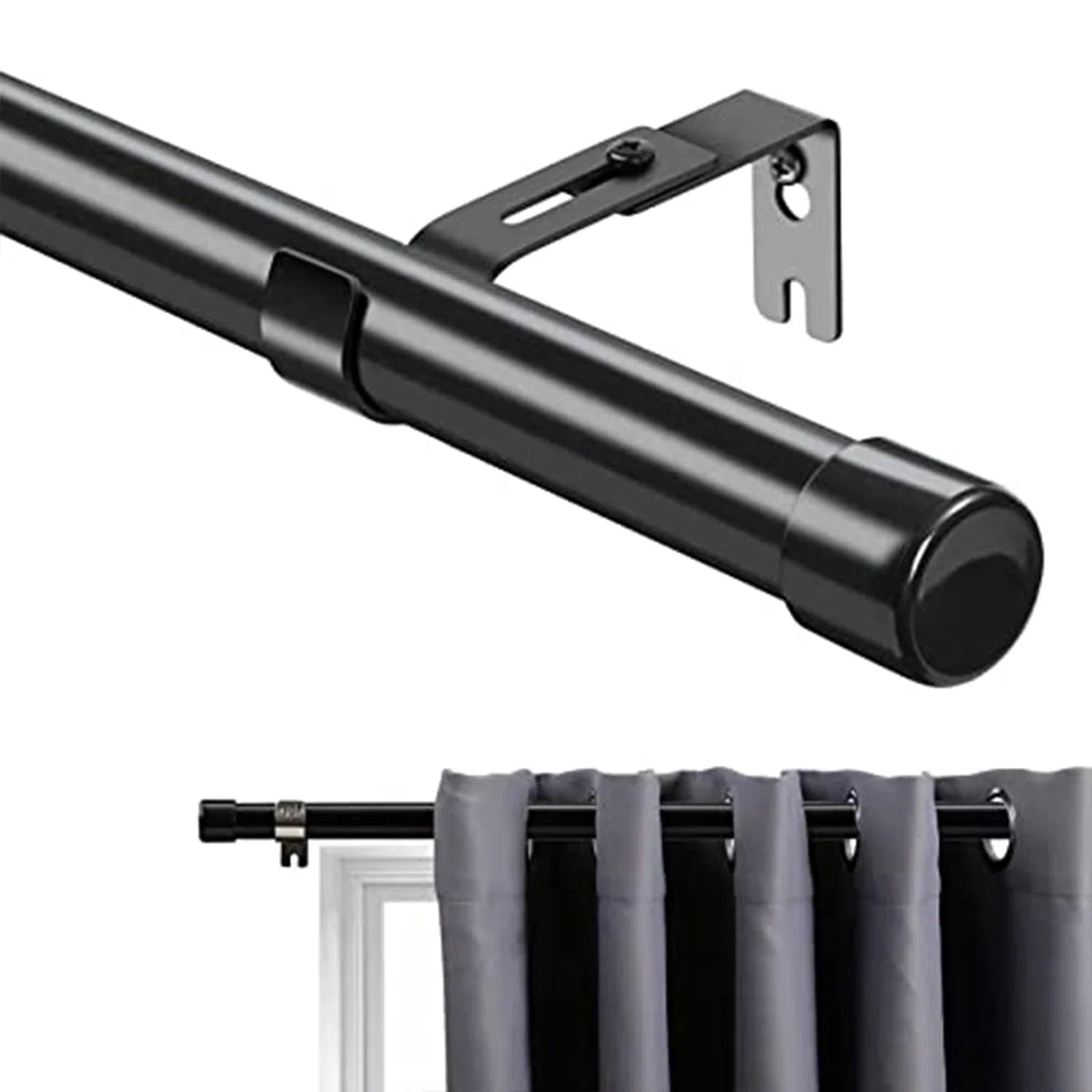 Bastone per Tenda, 76-365 cm Aste per Tende per Finestra con Manopole a Cappuccio con Staffe, Bastone per Tende Regolabile Set di Ferramenta in Acciaio Inossidabile Finestra della Camera/Nero