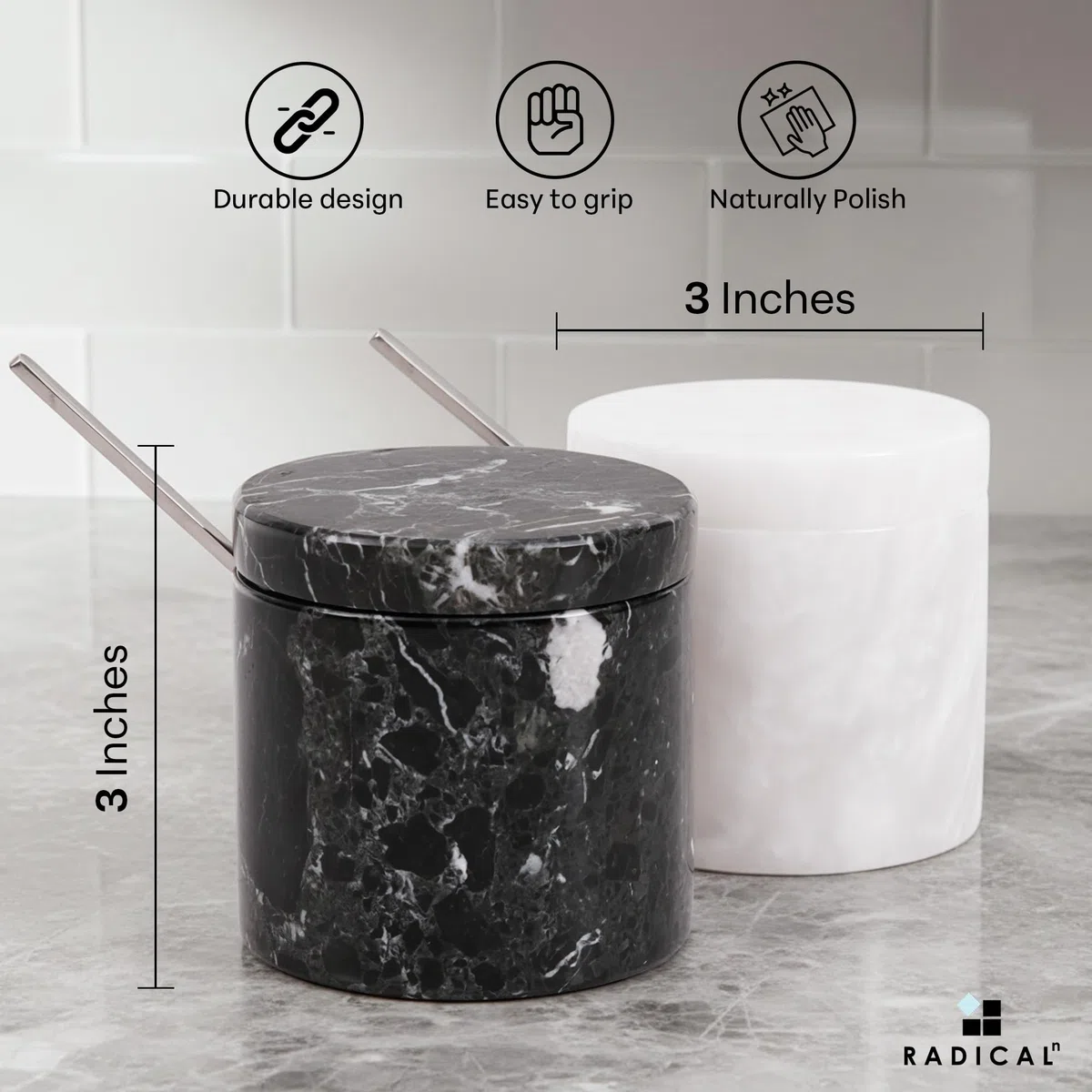 Radicaln Saliera in marmo con coperchio, realizzata a mano in bianco e nero, set di 2 contenitori per sale e pepe con vassoio in marmo - Contenitori per spezie e sale