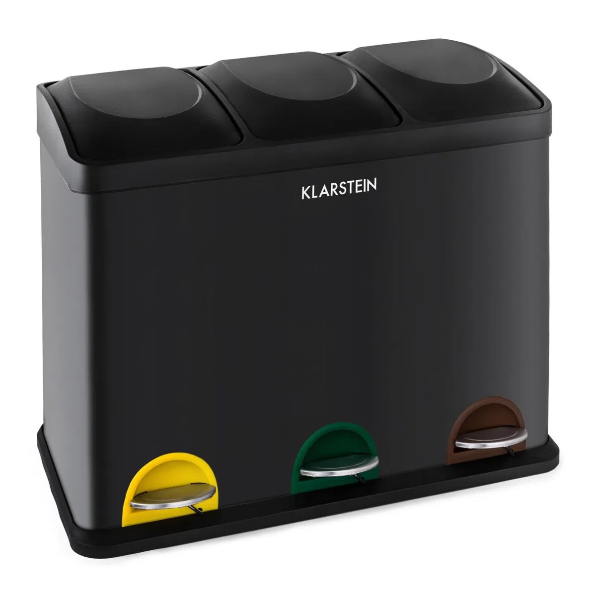 Klarstein Ökosystem - Pattumiera a Pedale, Cestino Per Raccolta Differenziata con 3 Secchi, 45 Litri di Volume, 3 Scomparti, Contrassegni Colorati, Acciao Inox, 45L (3 x 15 L), Nero