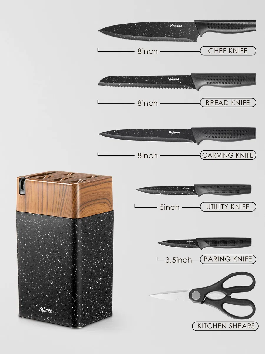 Yabano Set Coltelli da Cucina 7 Pezzi con Ceppo in Plastica e Affilatore Integrato, Lame Antiaderenti e Antiruggine in Acciaio Inox (Maculato)
