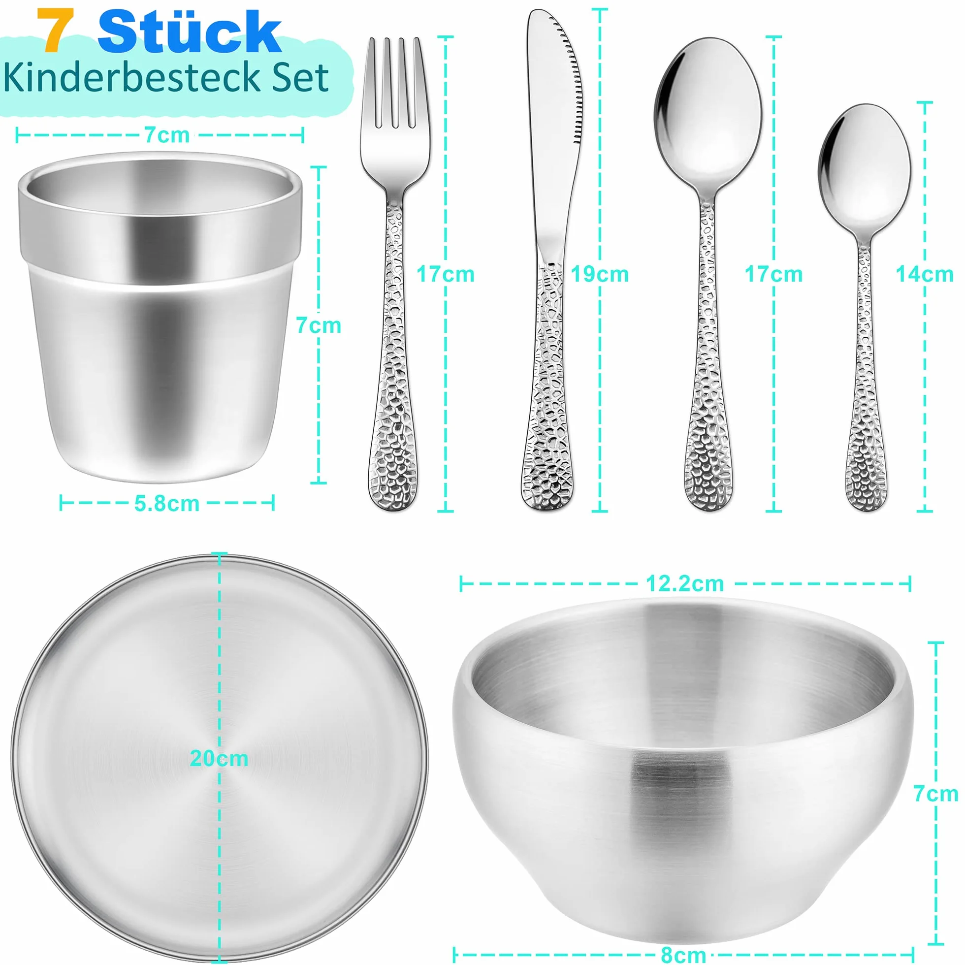 HaWare Set di 7 posate per bambini con piatto, tazza e ciotola