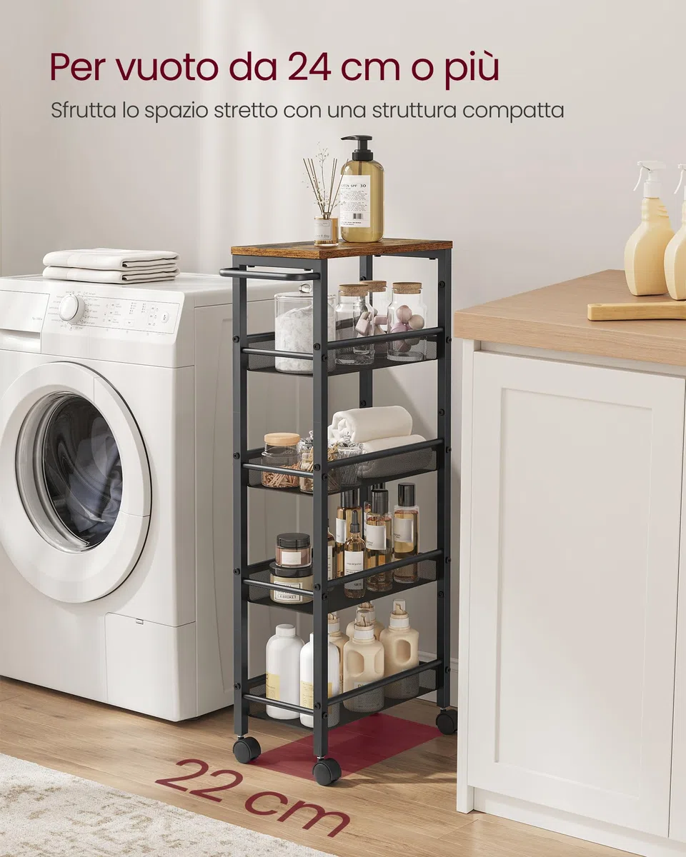 VASAGLE Carrello a 5 Ripiani, Carrello Cucina Salvaspazio con Ruote, Struttura in Acciaio, Maniglia, Carrellino Piccoli Spazi, Bagno Salotto Studio, Marrone Vintage e Nero LRC035B01