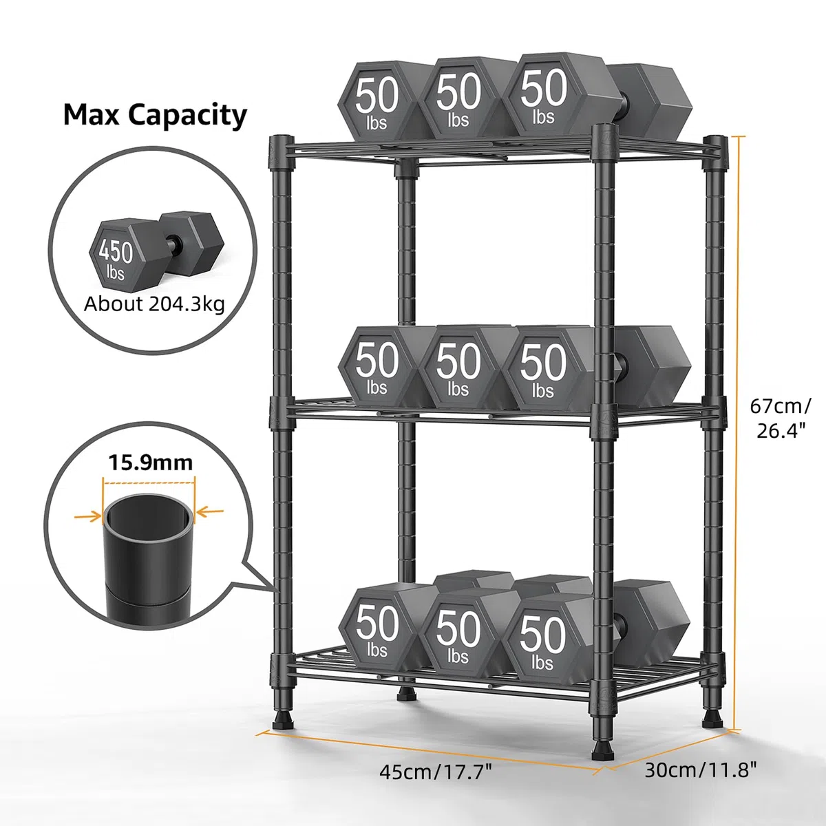 M MZG - Scaffalatura in acciaio per stoccaggio da 450 lbs, unità di scaffalatura utility a 3 livelli, organizer in filo d'acciaio per casa, cucina, ufficio 30 x 45 x 67 cm