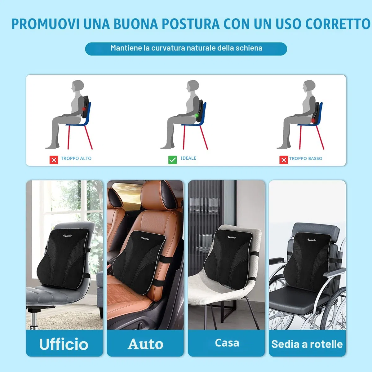 Cuscino Lombare Sedia Ufficio, Cuscini Lombari per Auto Sedia Ufficio Divano Sedia a Rotelle, Cuscino Lombare con Cinturini Regolabili a Doppio (36 * 22 * 15)