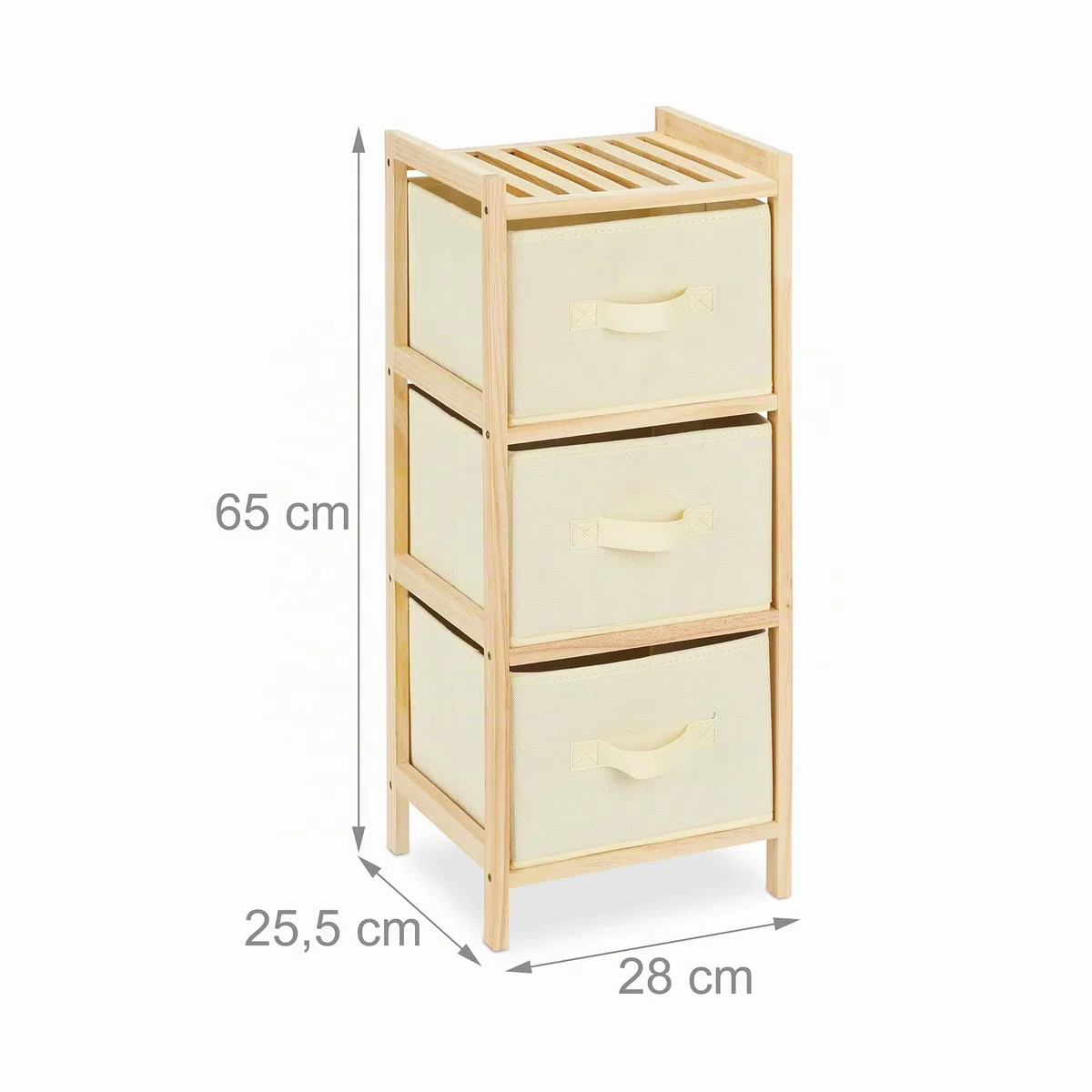 Relaxdays Mobiletto da Bagno con 3 Cestini Pieghevoli, Scaffale Salvaspazio, in Legno, 65x28x25,5 cm, Naturale Beige