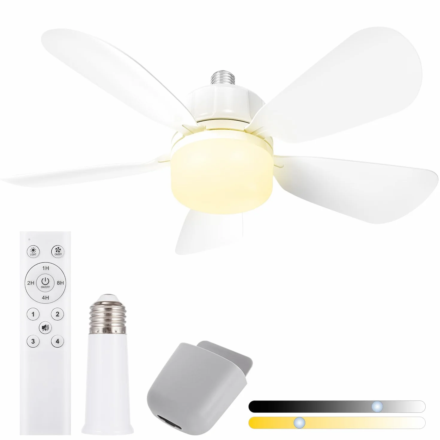 Gliztech Ventilatore a Presa con Base E27, Ventilatore Da Soffitto con Luci e Telecomando, Ventilatore a Presa con Luce LED per Bagno, Cucina, Camera da Letto, Garage (50CM, 1, Pack)