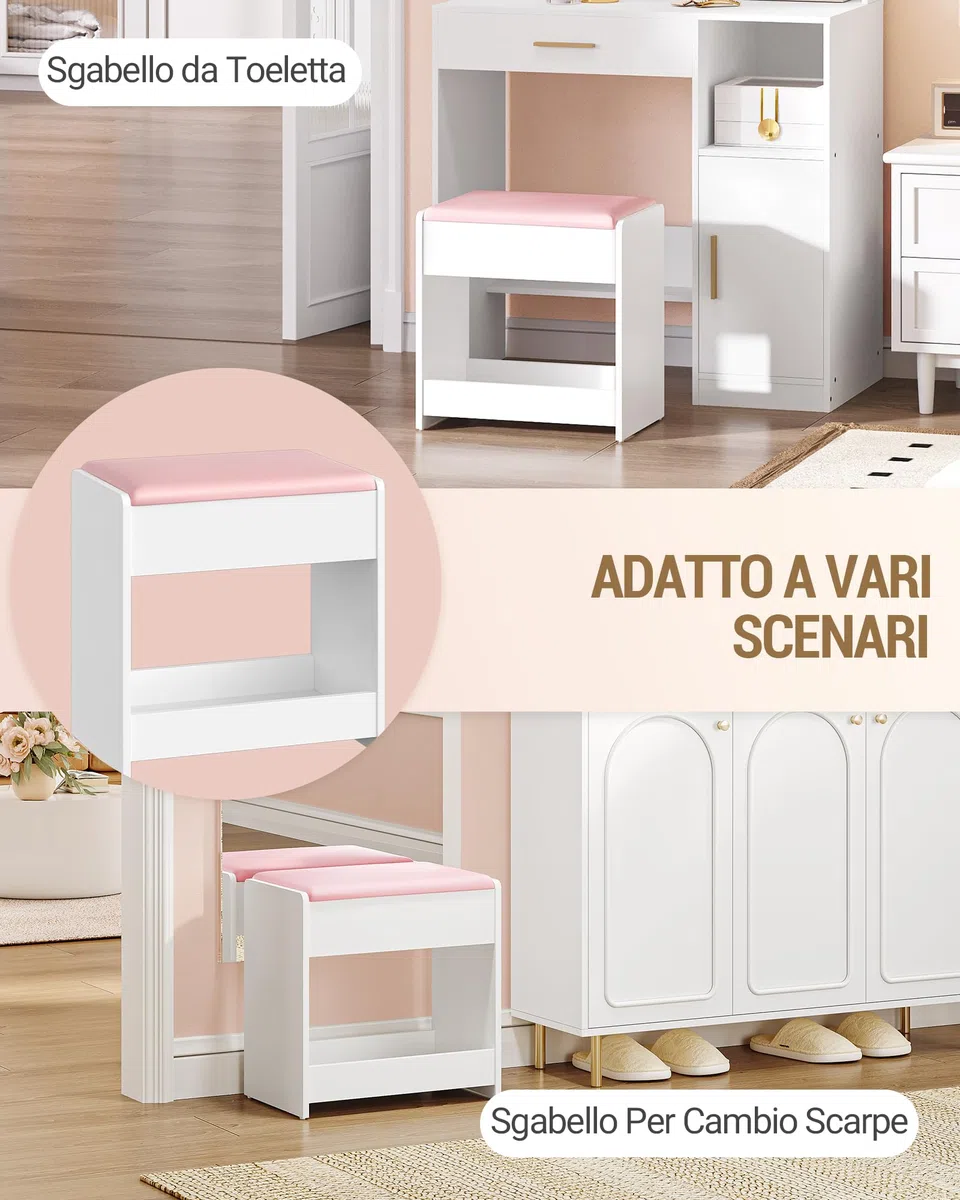 Hzuaneri Sgabello Toeletta Trucco, Sgabello Imbottito Postazione Trucco, Piedini con Cuscinetti Antiscivolo, Camera da Letto Cabina Armadio Ingresso, Bianco e Rosa VS32403A