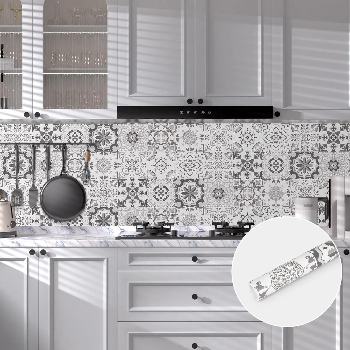 Abyssaly Adesivi per Piastrelle Bianco e Grigio, Piastrelle Adesive Cucina, Rotolo Adesivo per Mobili Mattonelle Bagno Rivestimento 60 x 300 cm