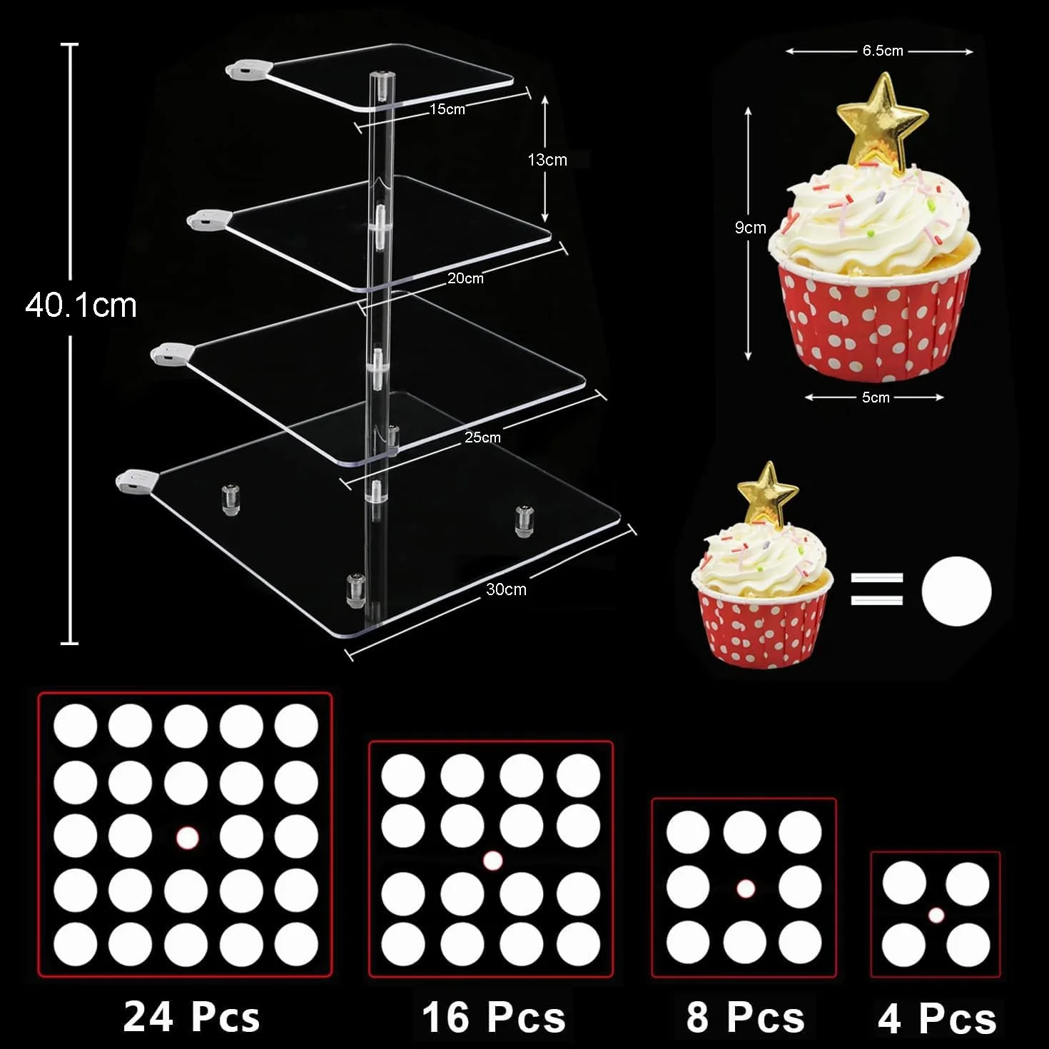 4 Piani Cupcake Stand, Ulifeme LED Ricaricabile Alzata, Supporto per Esposizione di Dolci Trasparente Quadrato, Torre di Cupcakes per Natale, Matrimoni, Anniversari, Feste Prenatalizie e Compleanni