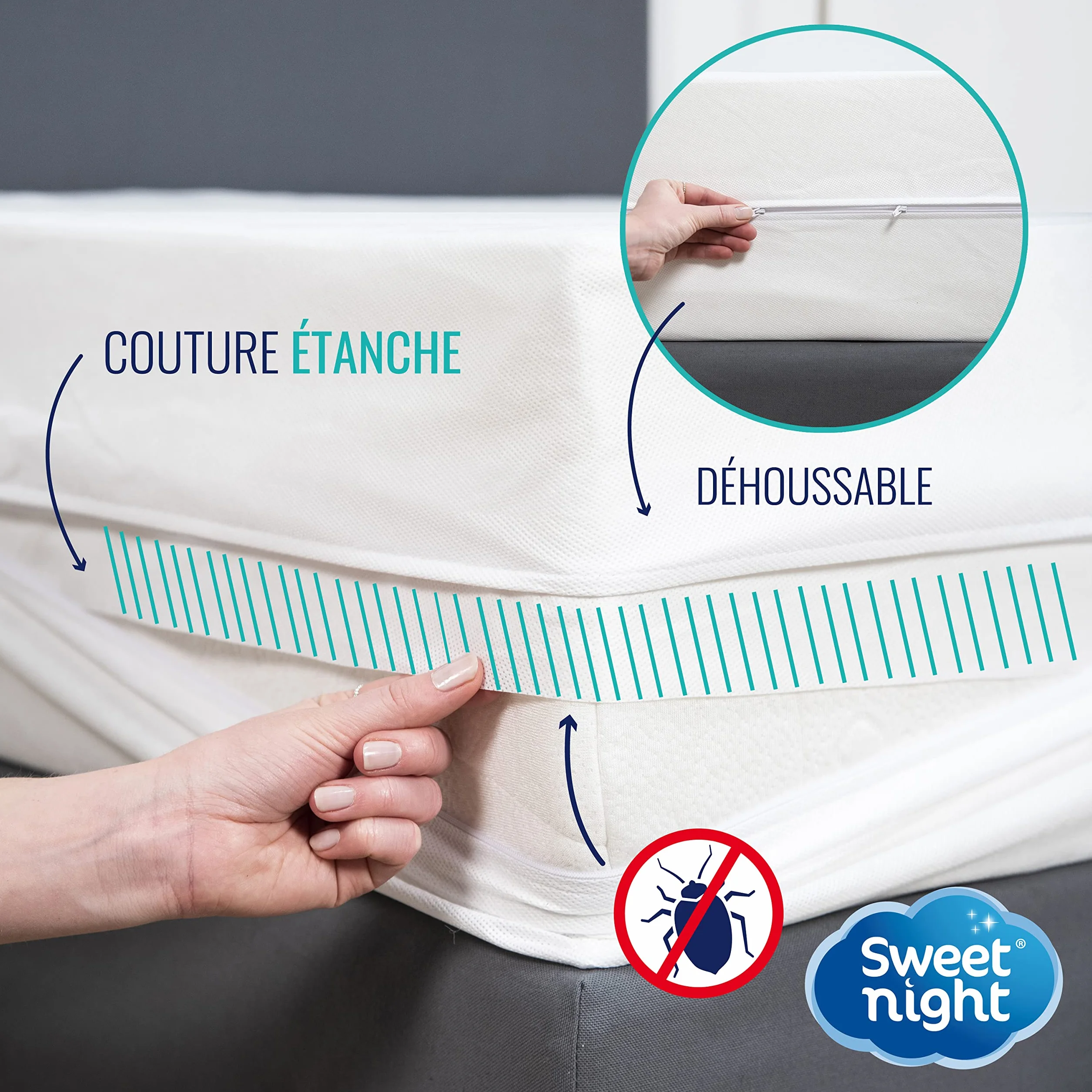 Sweetnight - Fodera integrale per materasso francese 140x190 cm | Anti cimice e antiacaro | Silenzioso | Chiusura a cerniera | Senza trattamento chimico | Spessore fino a 20 cm