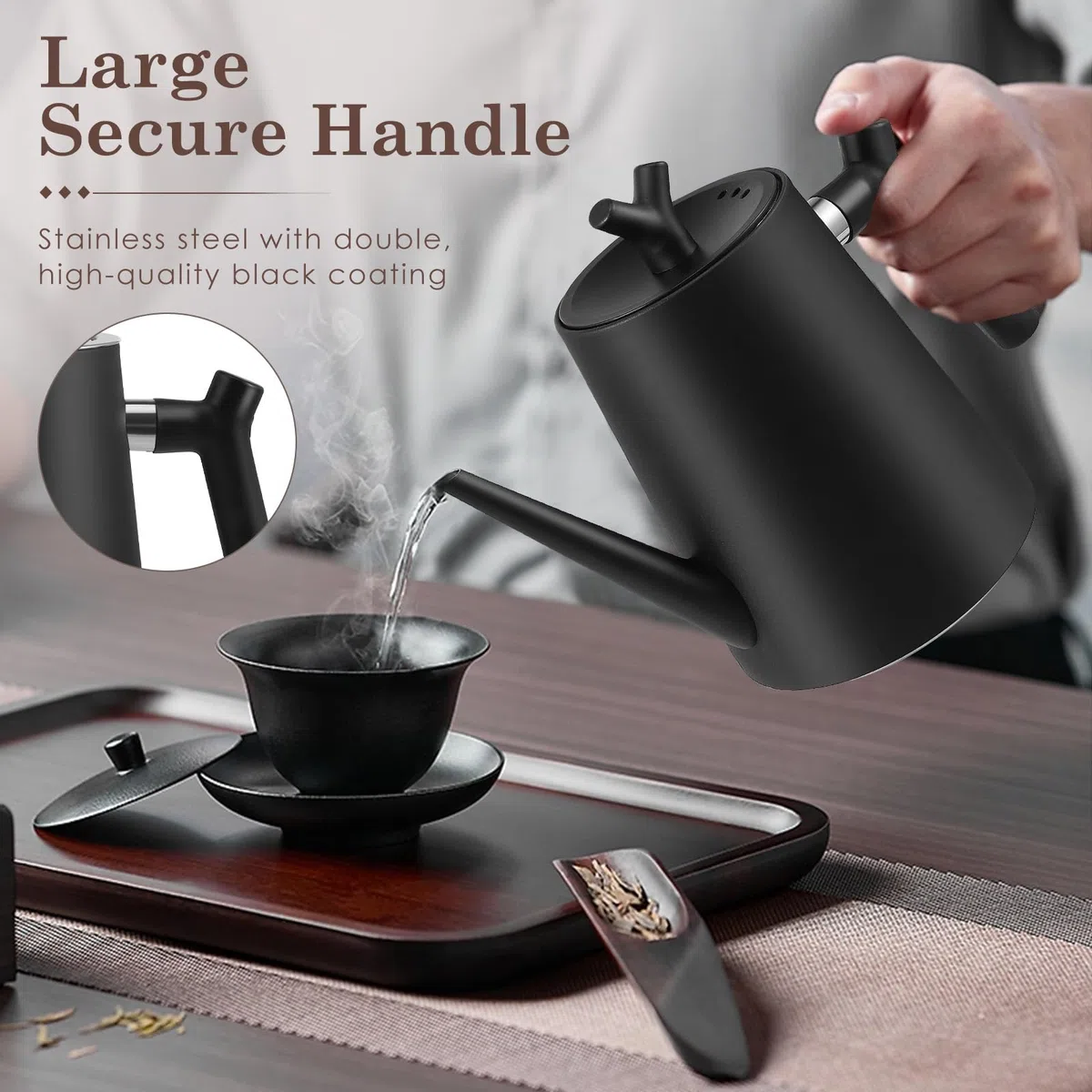 Teiera termica con colino da tè, 1,5 litri, in acciaio inox, a doppia parete, colore nero, con filtro per tè e caffè, 100% antigoccia, adatta a tutti i piani cottura, design moderno