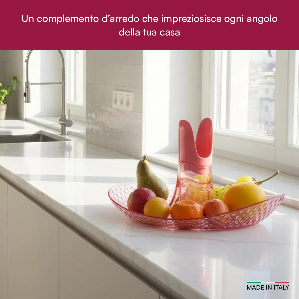 Granata Perica Porta Frutta da Tavolo, Centro Tavola Moderno con Design in Policarbonato Trasparente di Qualità, Fruttiera Centrotavola con Alloggiamento Portatovaglioli o Portacandela