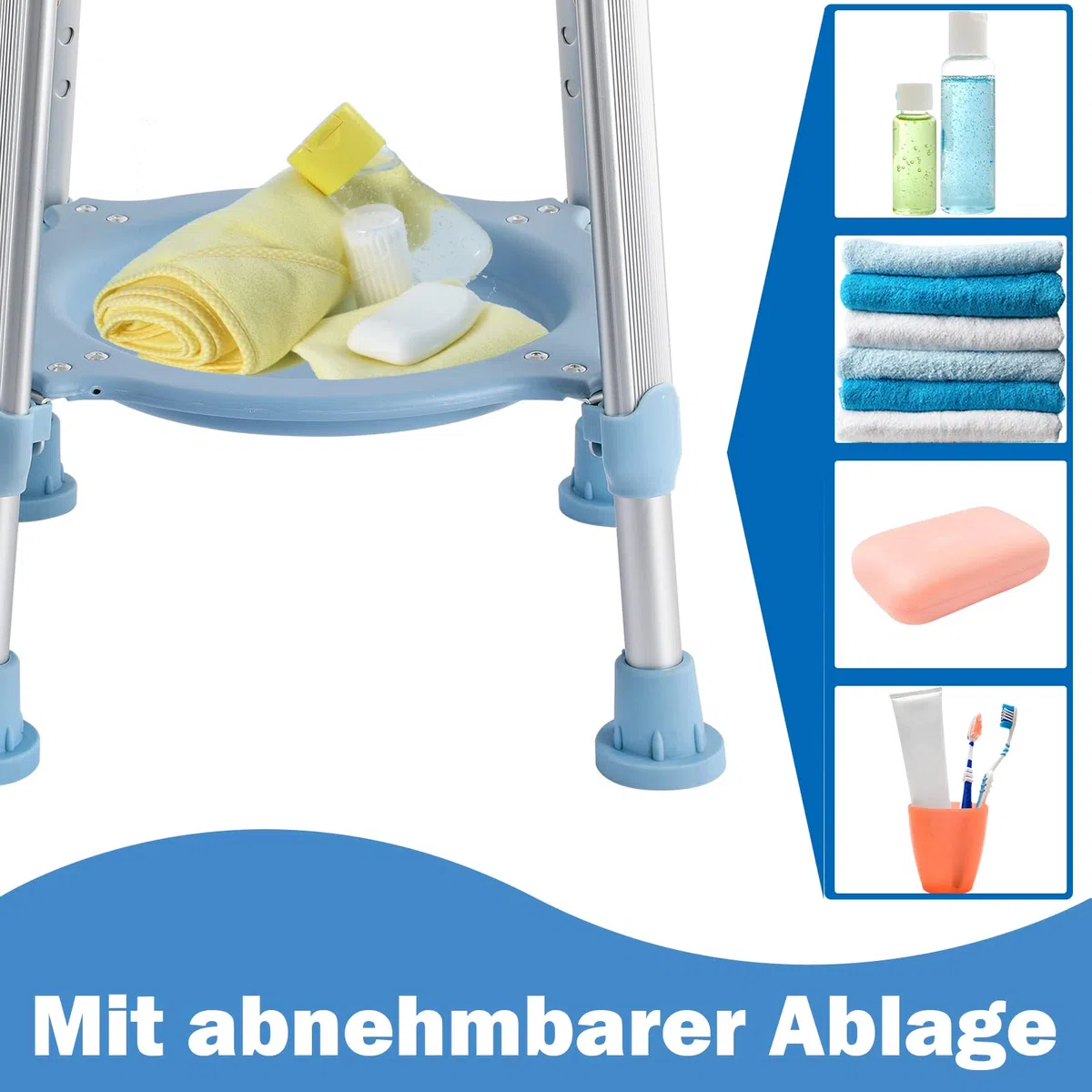 UISEBRT Sgabello doccia girevole, Sedia per doccia regolabile in altezza, Sgabello bagno per anziani, Piedini antiscivolo, con ripiano