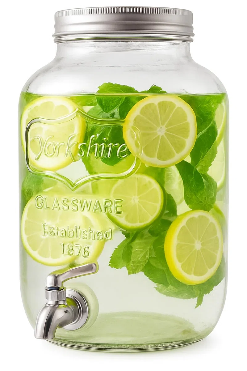 Dispenser in Vetro per Bevande 4L con Rubinetto in Plastica Cromata Lavabile in Lavastoviglie Ideale per Feste Aperitivi e Campeggio 14 x 14 x 26 Cm Trasparente (Rubinetto In Plastica)