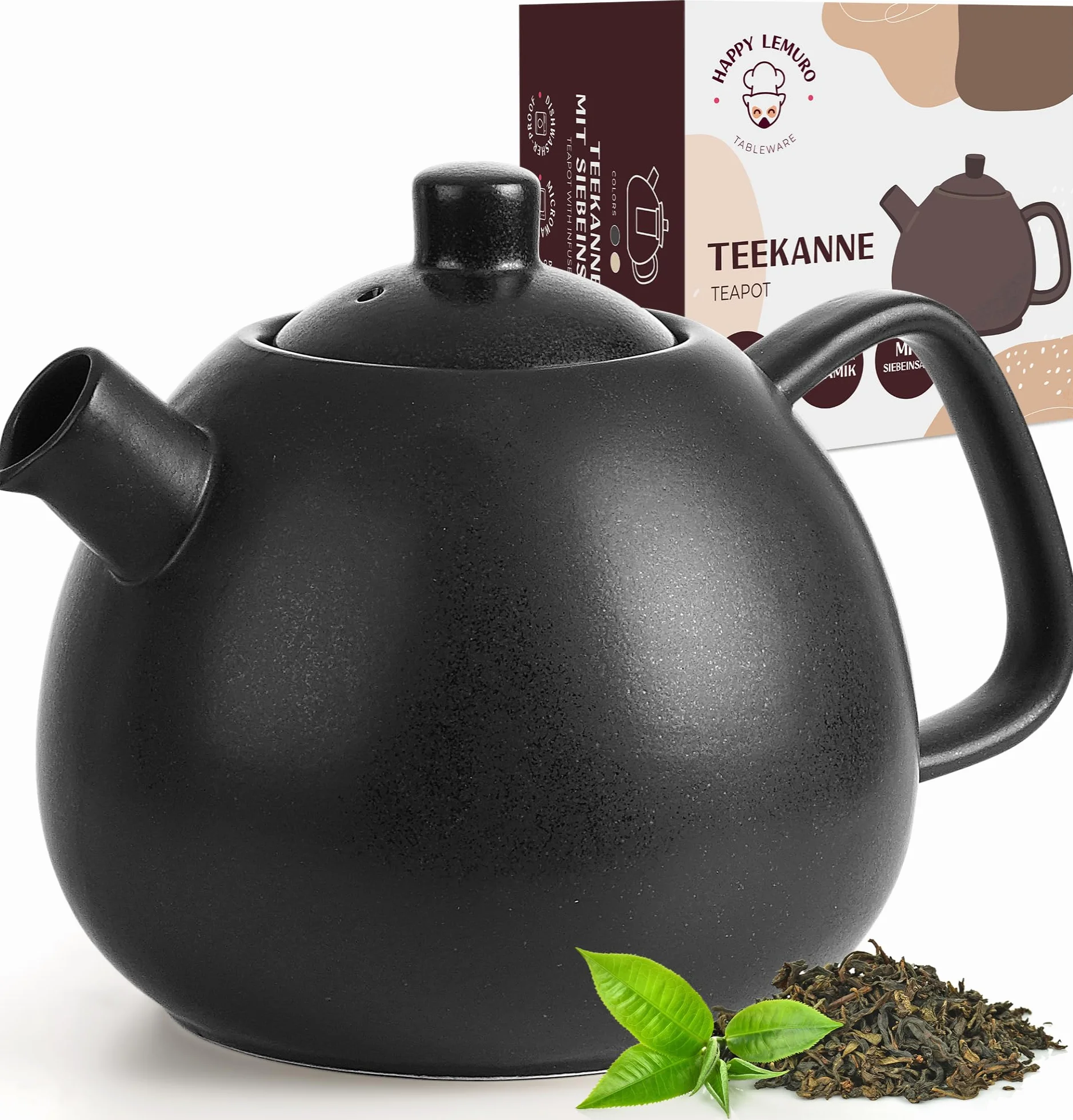 Grande teiera con filtro – 1,4 l – Teiera in ceramica – moderna teiera con colino per tè sfuso, robusta e insapore (antracite)