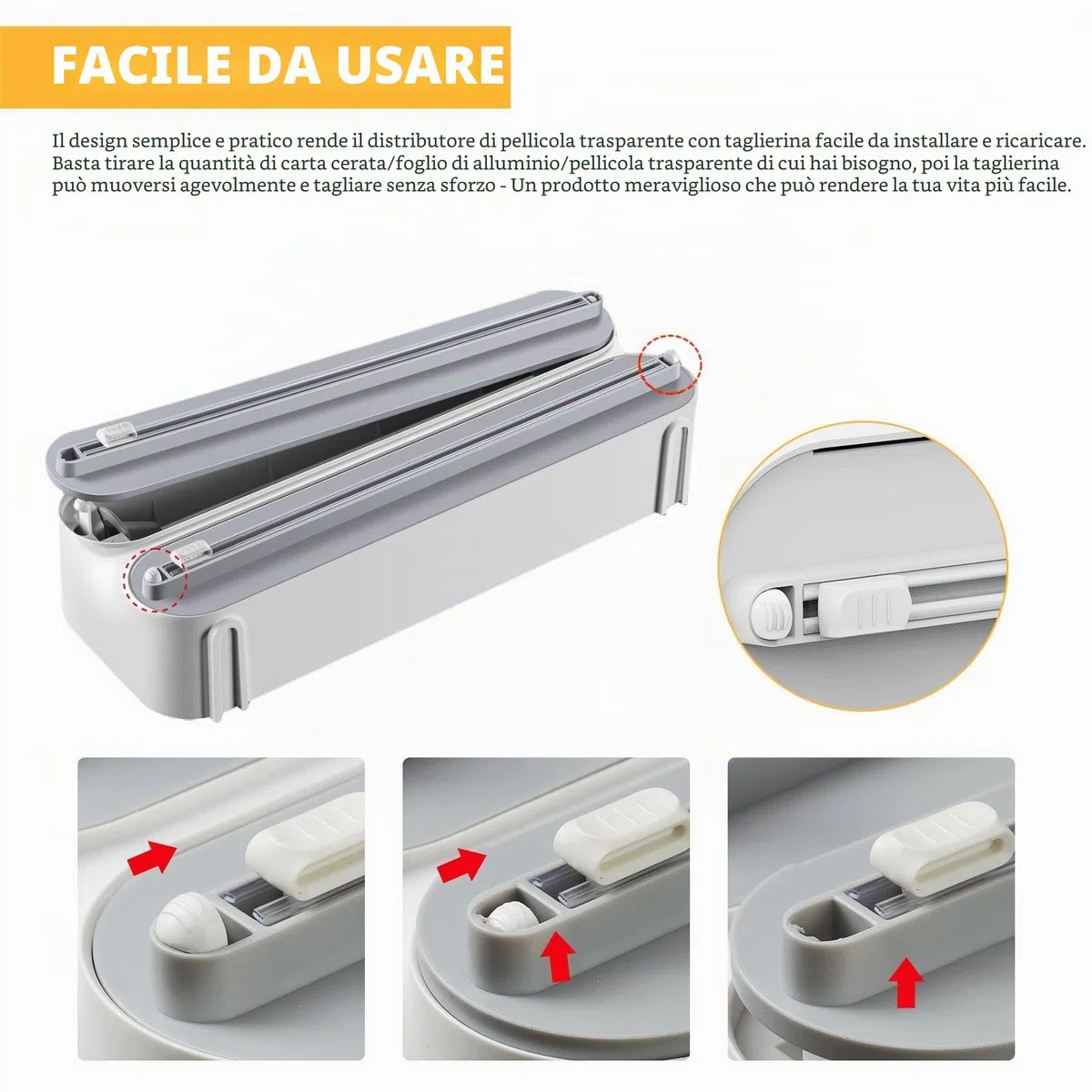 Dispenser e Taglierina Magnetica per Pellicola Trasparente - Supporto per Rotolo da Cucina 3 in 1 Montato a Parete, Quasziwa Dispenser Carta Stagnola in Alluminio con 50M Pellicola Alimentare, Bianco