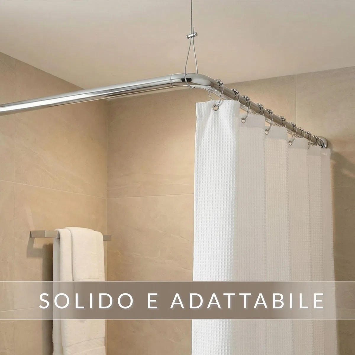 Bastone Tenda Doccia Angolare Universale a L e U – Asta per Doccia e Vasca in Alluminio Antiruggine – Inclusa Sospensione da Soffitto (1,50 m) Regolabile