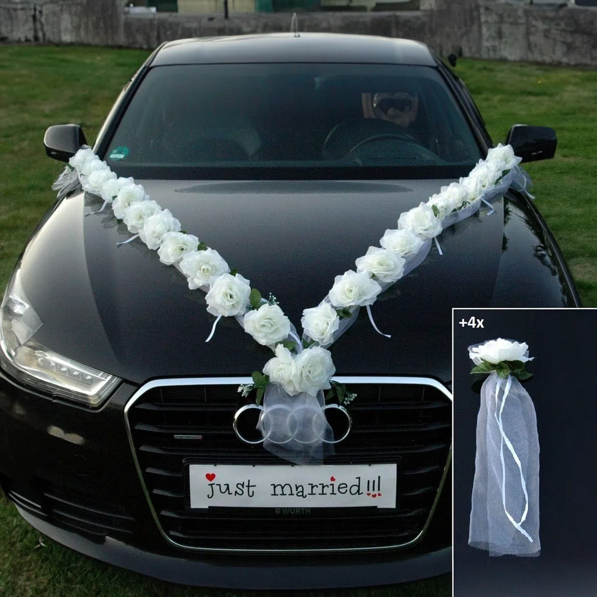 Autoschmuck - Due ghirlande di rose artificiali, decorazione per auto per matrimonio (bianco)