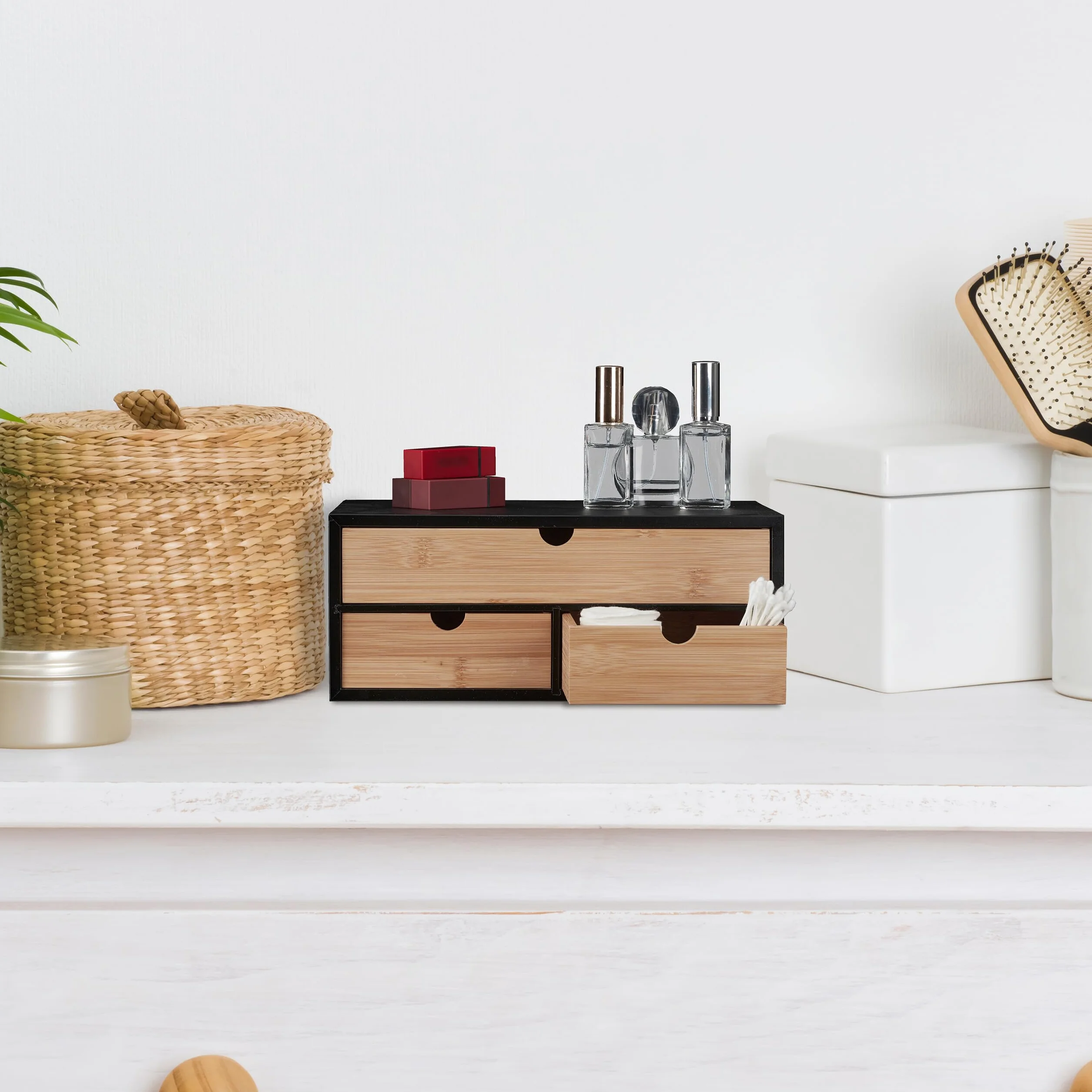 Relaxdays Organizer da Scrivania con 3 Cassetti in bambù e MDF, Cassettiera da Ufficio, HLP 13,5x33x21 cm, Naturale Nero