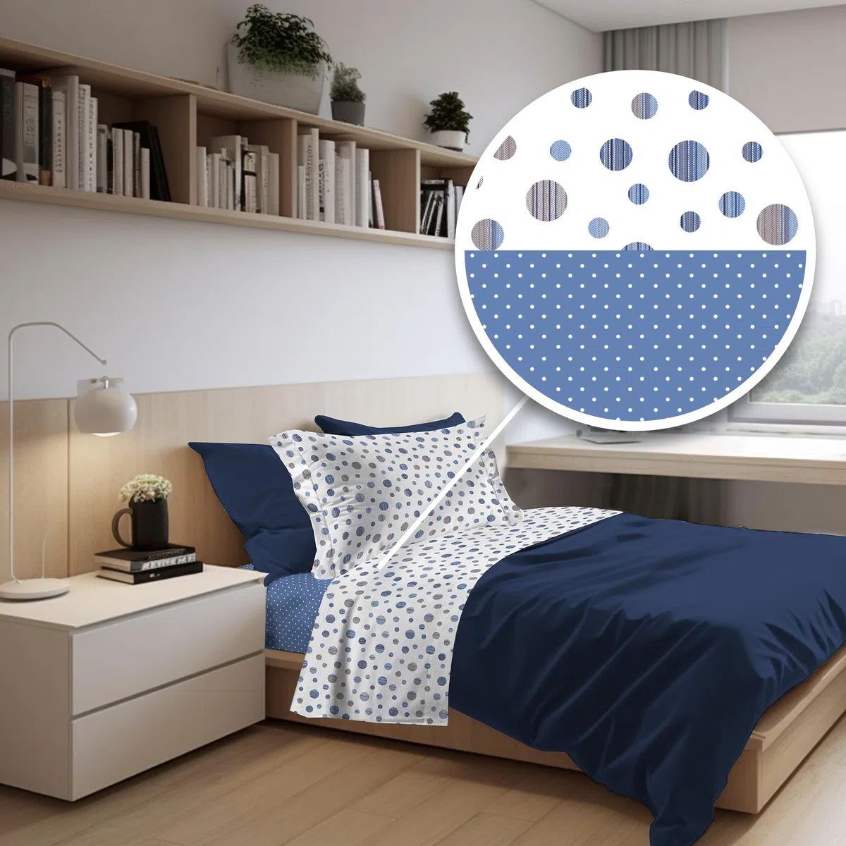 PENSIERI DELICATI Completo Letto Singolo in Percalle 100% Cotone, Completo 160x300 Comprensivo di Lenzuolo Sotto, Lenzuolo Sopra e 1 Federa a due Volant, Made in Italy, Fantasia Dandy Azzurro