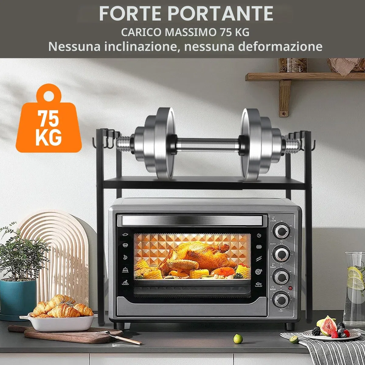 MXTIMWAN Supporto per Microonde Allungabile 2 Livelli, Cucina Counter Ripiano Microonde con 6 Ganci, Mensola Cucina per Mettere Piatti e Ciotole, 40-64cm, Nero