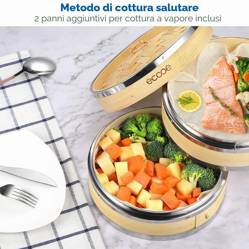 ecooe Cesto a vapore in bambù con 2 panni in cotone, vaporizzatore bambù per verdure, dim sum, pesce e carne (diametro 20 cm)