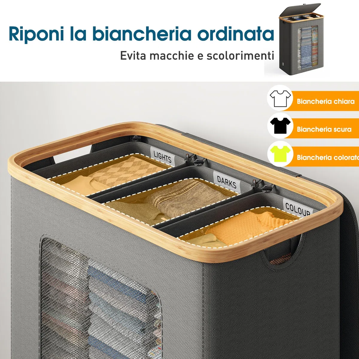 Cesto Portabiancheria 3 Scomparti con Coperchio 160L - Cesto Biancheria Sporca in Bambù & Oxford 600D waterproof, con Sacchetti Interni Rimuovibili, Perfetto per Lavanderia e Camera, Grigio