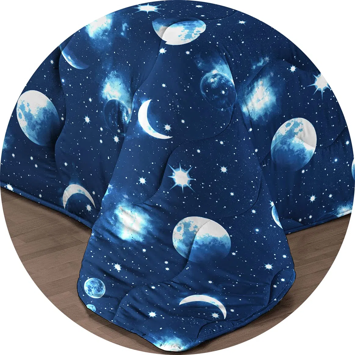 Trapuntino Copriletto Trapuntato Primaverile Estivo 100 gr/mq Quilt Leggero Letto Due Piazze Matrimoniale 260x260 cm Fantasia Pianeti Stelle Luna Made in Italy Disegno Universo Stellato Blu Notte