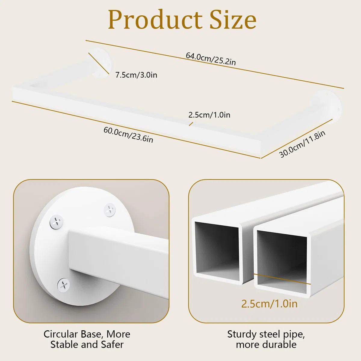 Yawinhe 64cm Appendiabiti da Parete, Attaccapanni da Muro, Metallo Barra Appendiabiti per Tubo Industriale, Salvaspazio, per Corridoio, Casa, Riporre Oggetti, Bianco, 1-Pack, SYJ64W-1
