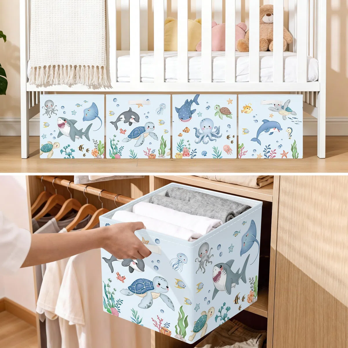 30cm Set di 3 Scatole Portaoggetti Marini Contenitore Porta Giochi Ragazzo Pieghevole Squalo Balena Cubi Portaoggetti per Libreria Kallax Salotto, Animali Acquatici