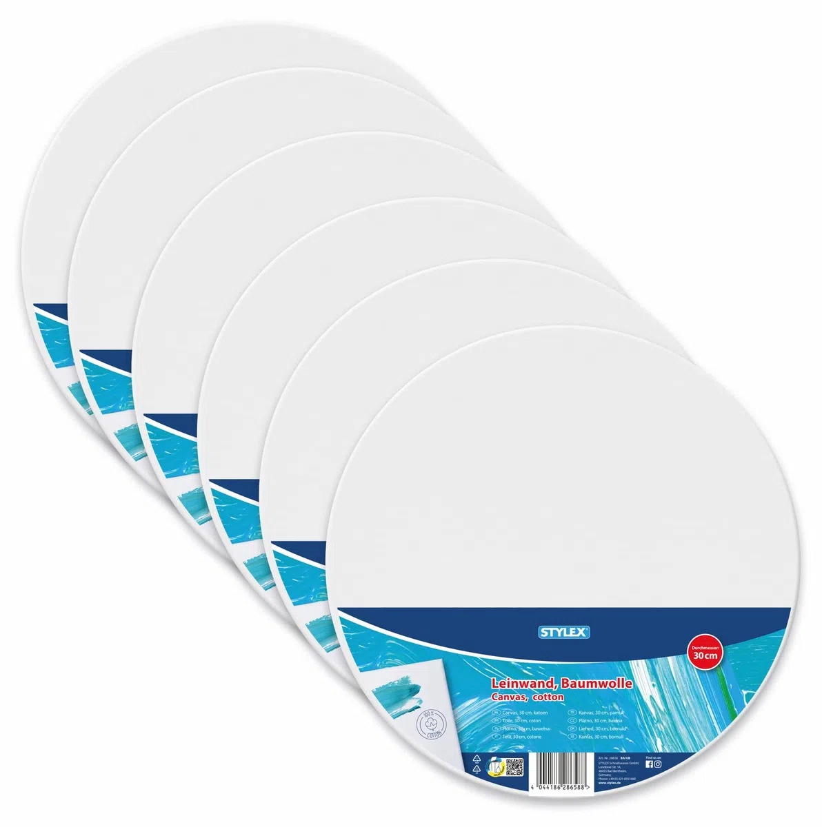 Stylex 28658-P6 – Telaio rotondo diametro 30 cm, rivestito con tela in 100% cotone, innescato, rilegato sul retro, per colori ad olio, acrilico e tempera, pittura a guazzo, 6 pezzi