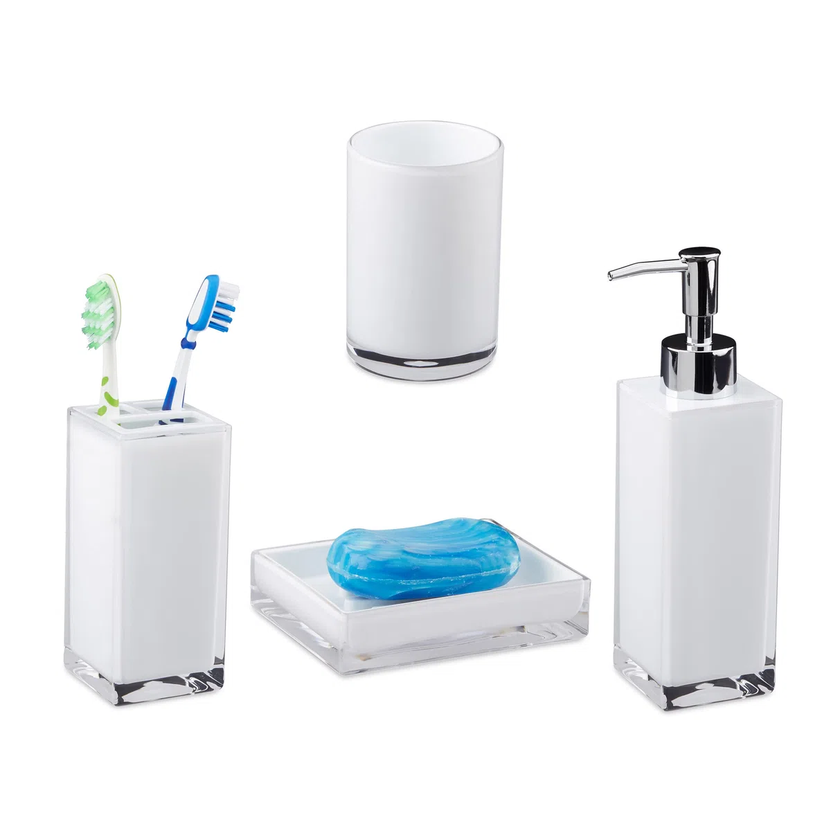 Relaxdays Set 4 Accessori Bagno, Bicchiere Igiene Dentale Portaspazzolini Dispenser Porta Sapone Portasaponetta, Bianco