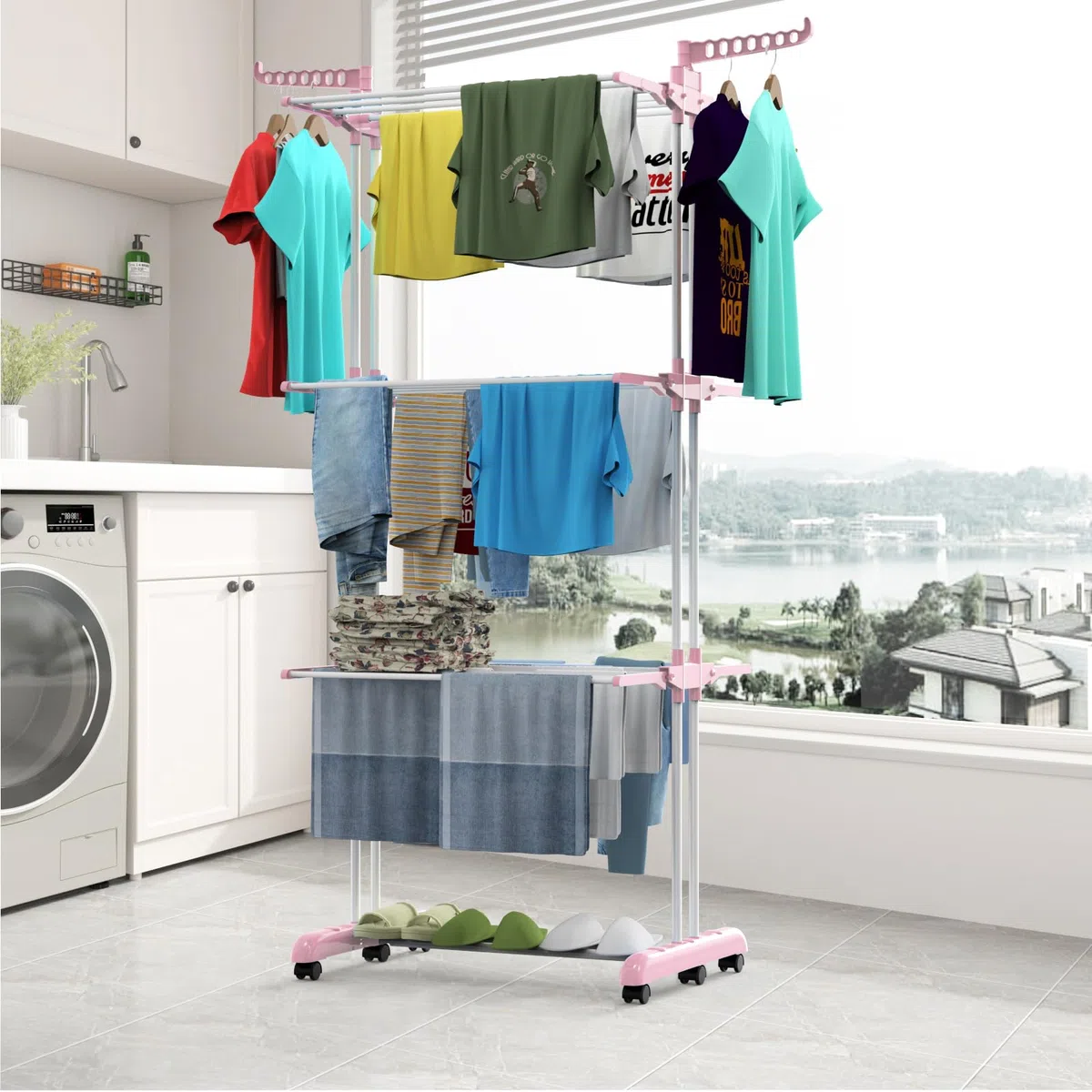 Innotic Stendino a 4 Livelli in acciaio inox, con Ruote Pieghevole Stendibiancheria Salvaspazio per uso Interno Esterno balcone, rosa+bianco