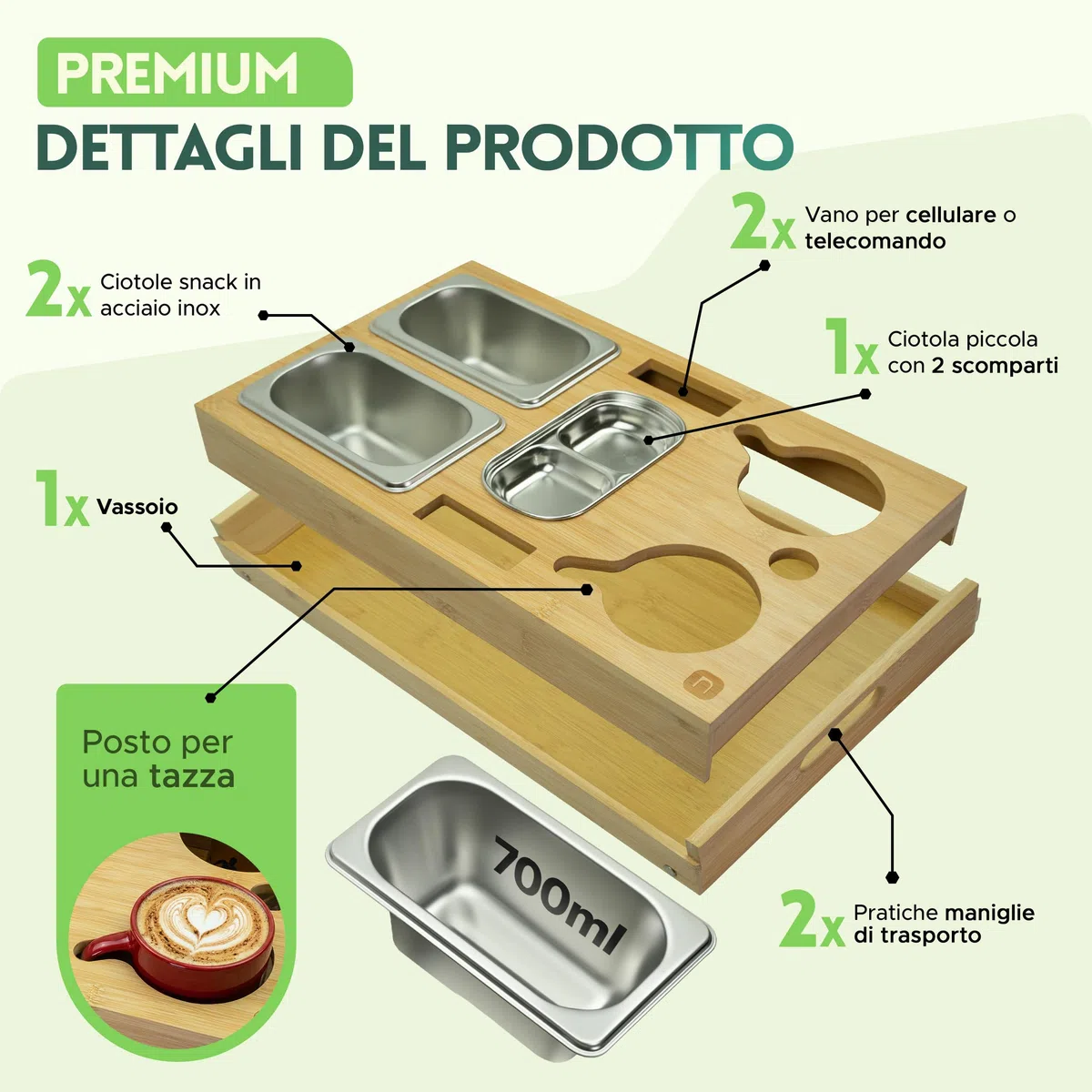 naturlik Vassoio da Divano 3 in 1 con Gambe Pieghevoli in Bambù – Portasnack XL 46x27,5cm, Tavolino da Letto Porta Laptop – 3 Ciotole Acciaio Inossidabile, Portabicchieri – Soggiorno, Camera da Letto