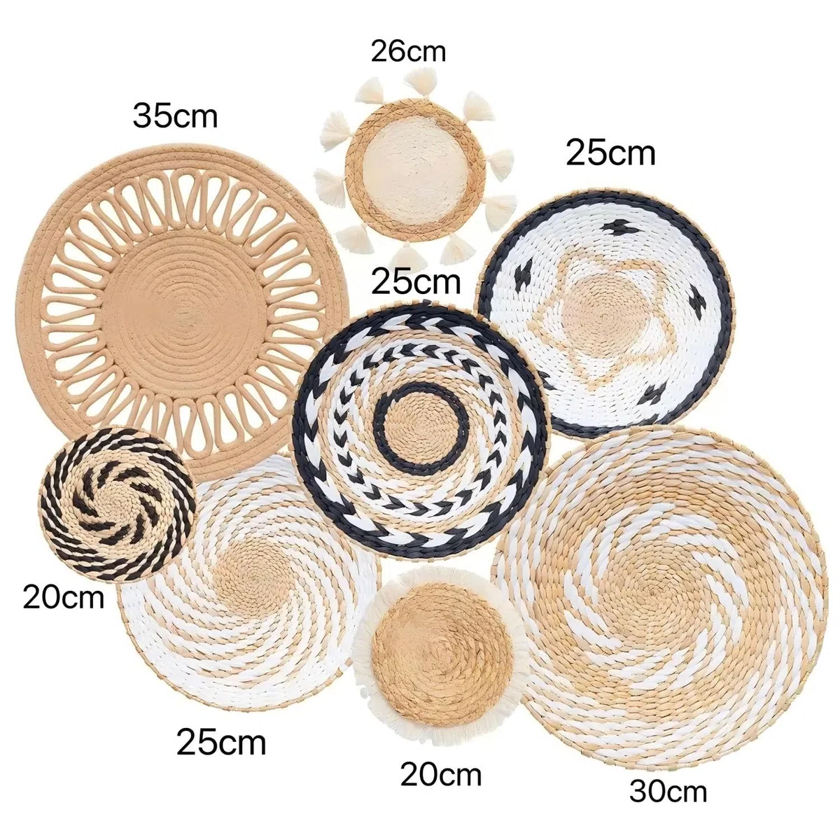 SZKKQKJ Set di 8 cestini da parete in tessuto boho, decorazione da parete, stile boho, decorazione da parete, decorazione da parete rotonda, fatti a mano per soggiorno e camera da letto