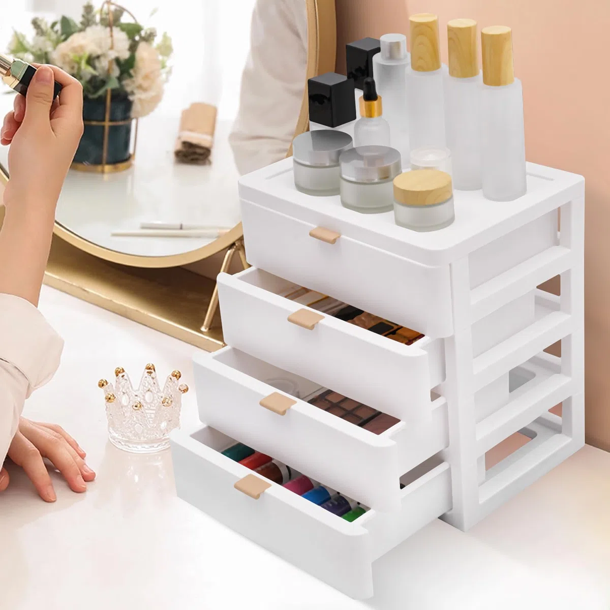 Cassettiera bianca con 4 cassetti, cassettiera a rotelle per ufficio, 26 x 20,2 x 29 cm, grande capacità, semplice cassetto trasparente per ufficio scolastico a casa