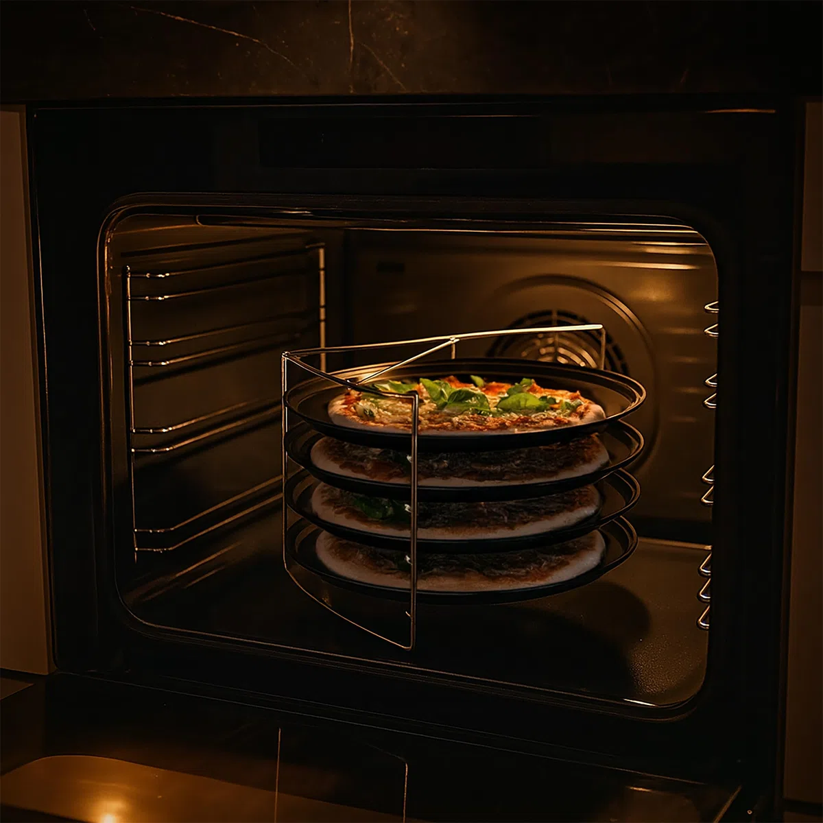 Relaxdays Teglie per Pizza Rotonde, Set da 4 in Acciaio al Carbonio Antiaderente, Supporto Inox da Forno, Impilabile