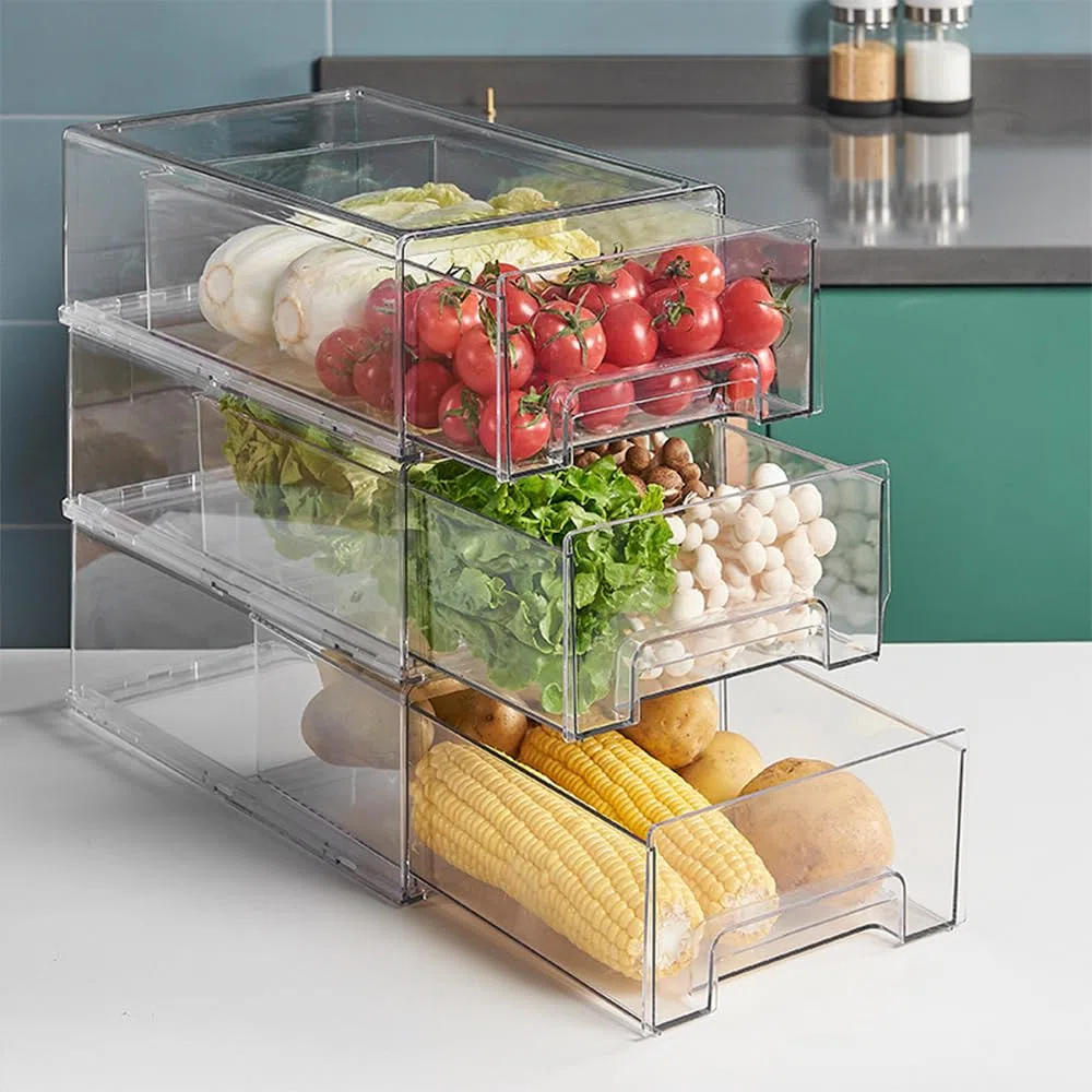 2 Pezzi Grande Organizer Cosmetico in Acrilico, Organizer Trucchi Cassetti Trasparente, Contenitori per Frigorifero con Cassetto Estraibile per Cosmetici, Bagno, 33,5 x 20,5 x 11 cm