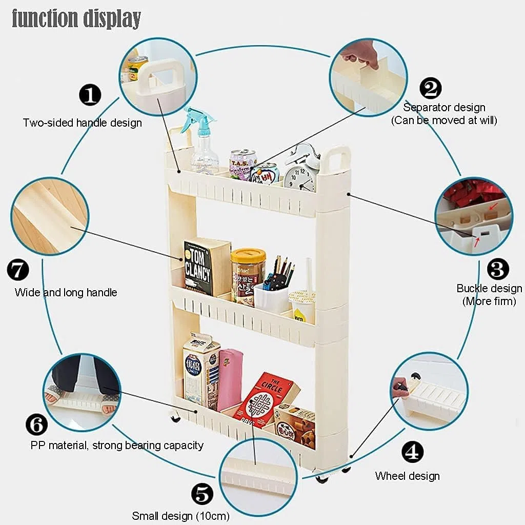 Carrello di Stoccaggio 3-Livello, 10cm Carrello Portaoggetti Scaffale con Ruote, Carrellino Salvaspazio per Cucina Bagno Lavanderia Sedili Stretti, Bianco (Size : 3 Layers - Heighten)