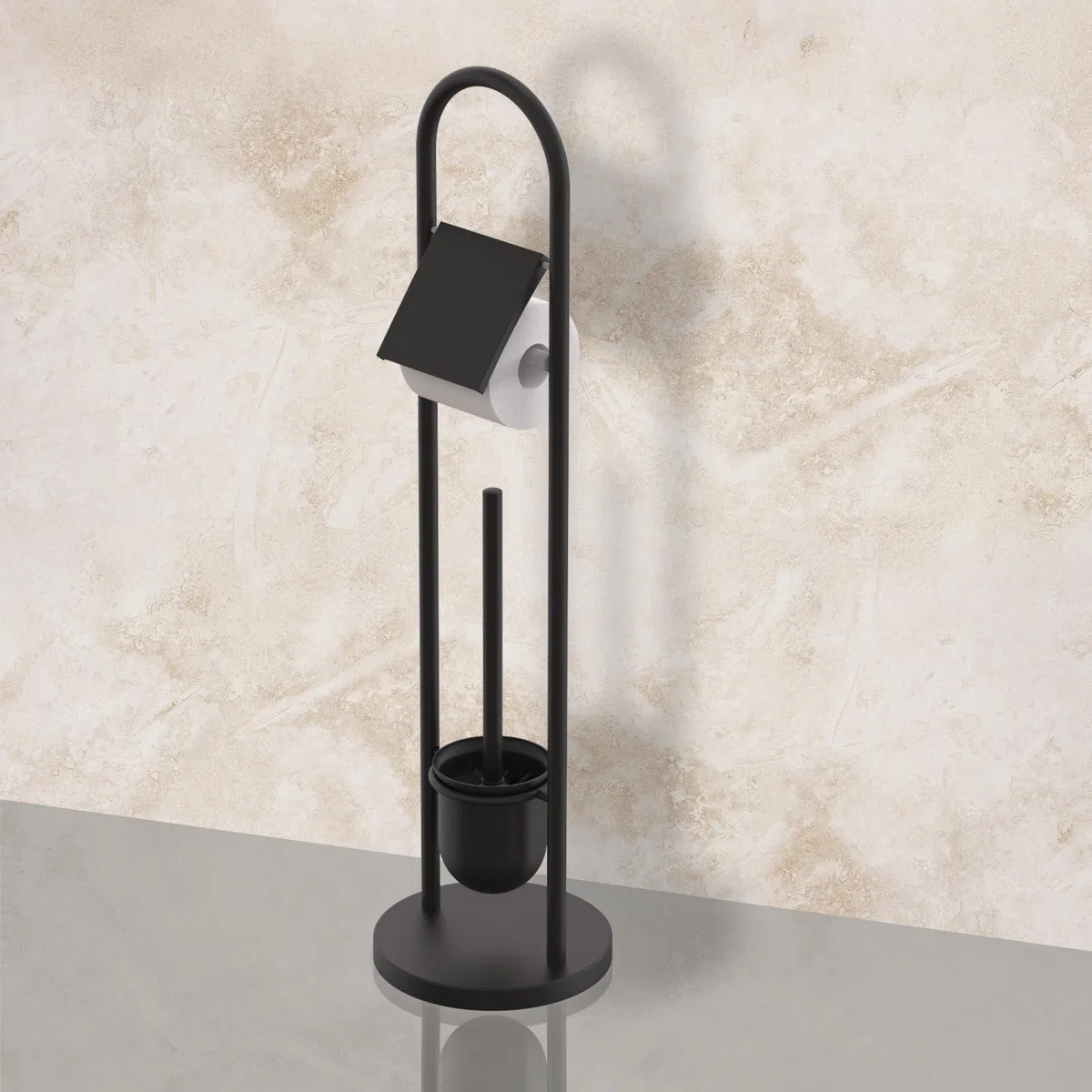 Set WC Relaxdays, Acciaio Inox, HxP: 79 x 22 cm, Porta Carta igienica, scopino con Base, Nero