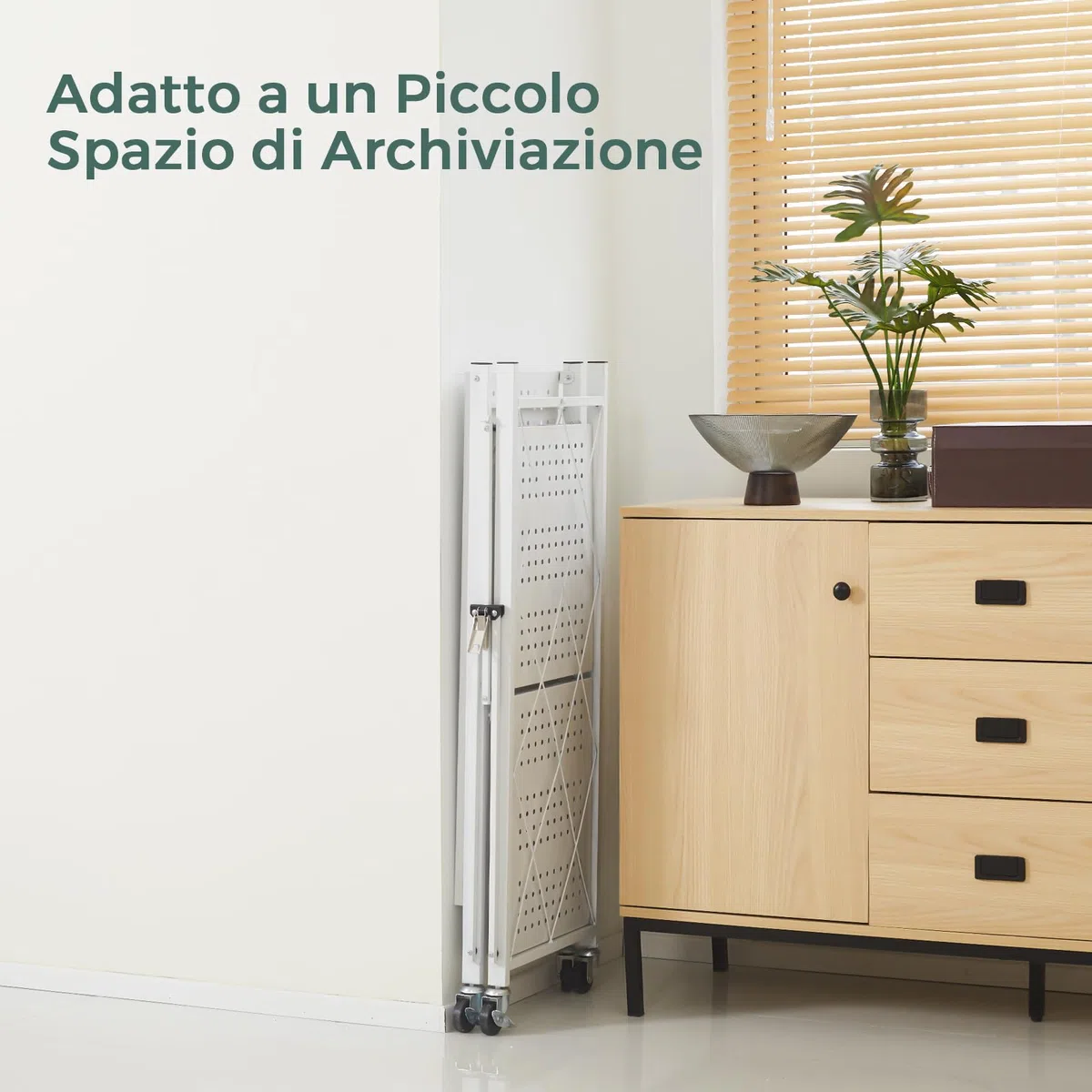 DEANIC Scaffali pieghevoli in metallo, a 3 ripiani, 61 x 85 x 28 cm, mensole angolari da cucina su ruote, mensole per dispensa, libreria per soggiorno, colore: bianco